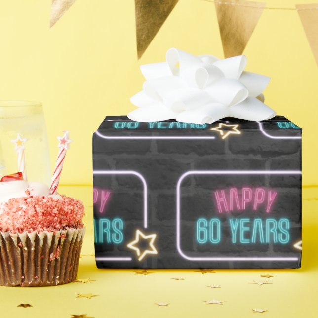 Neon 60th Birthday Marquee On Brick Wrapping Paper (Birthday Party)