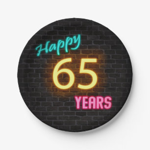 Neon 65 sign on brick wall paper plate