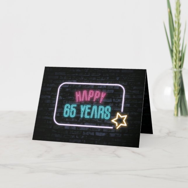 Neon 65th Birthday Marquee On Brick Card (Front)