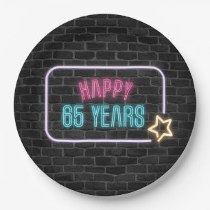 Neon 65th Birthday Marquee On Brick Wall Paper Plate