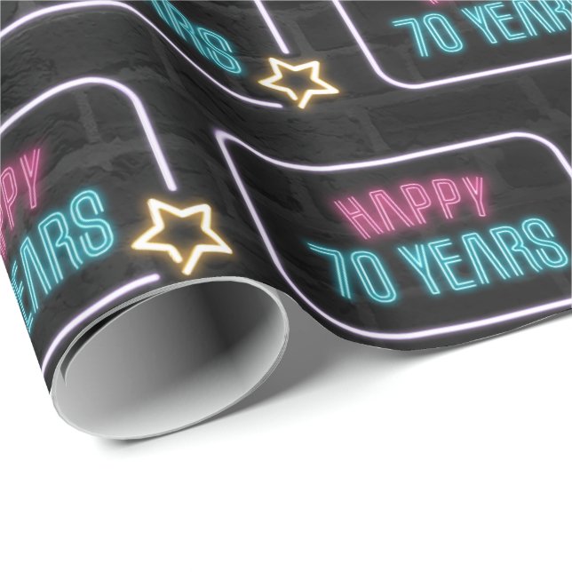 Neon 70th Birthday Marquee On Brick Wrapping Paper (Roll Corner)
