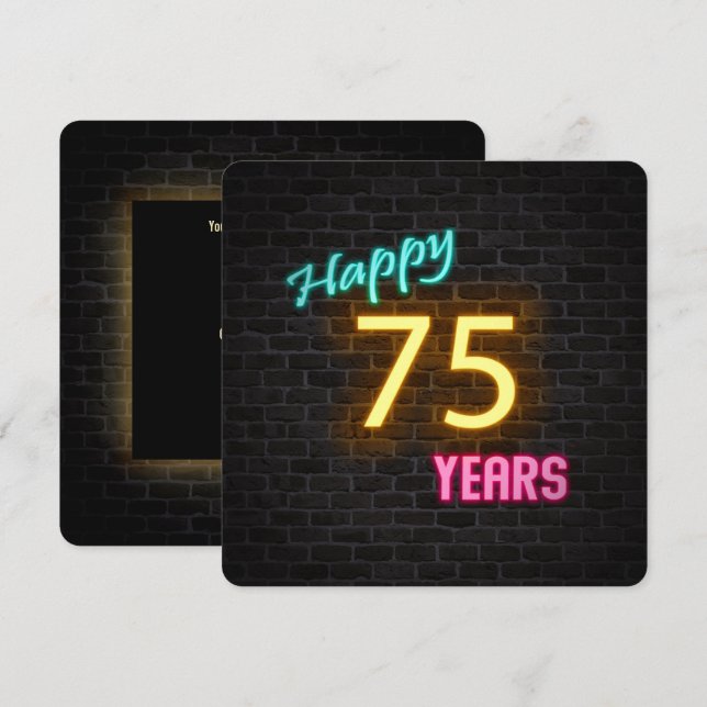 Neon 75th Birthday Sign glowing on brick Invitation (Front/Back)