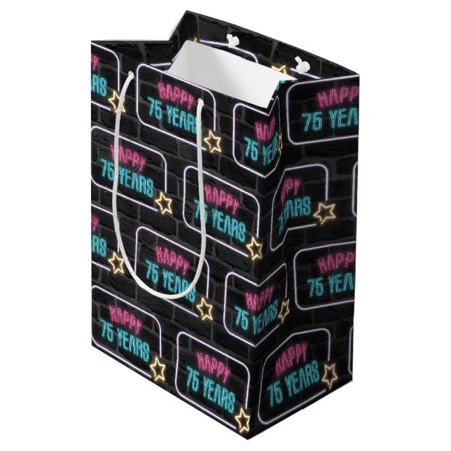 Neon 75th Birthday Sign On Brick   Medium Gift Bag (Back Angled)
