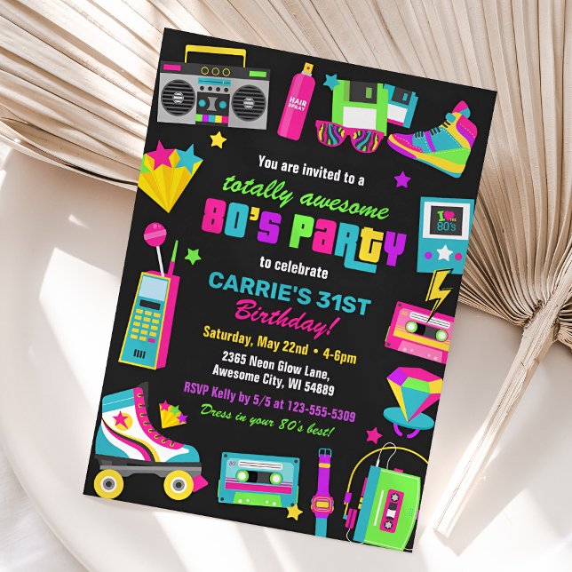 Neon 80s Anniversaire Fête Invitation (80s Retro Birthday Invitation)