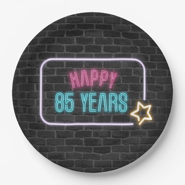 Neon 85th Birthday Marquee On Brick Wall Paper Plate (Front)