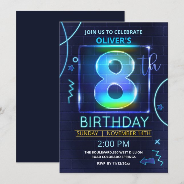 Neon 8e anniversaire Invitation (Devant / Derrière)