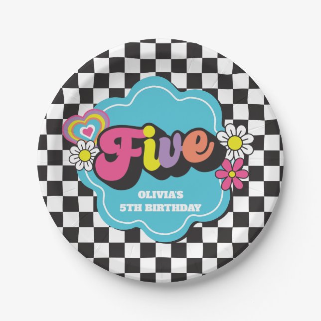 Neon 90s Retro 5th Birthday Paper Plate (Front)