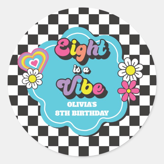Neon 90s Retro Eight is a Vibe 8th Birthday Classic Round Sticker (Front)