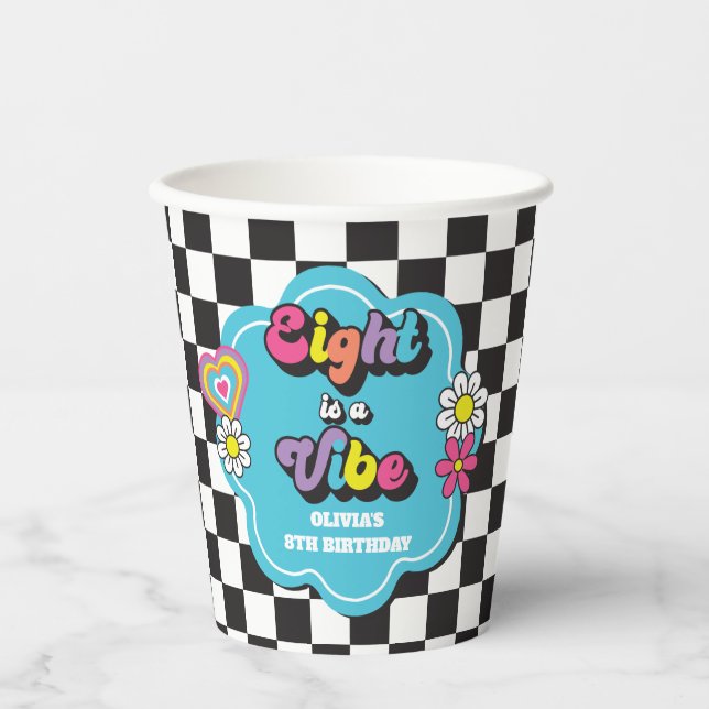 Neon 90s Retro Eight is a Vibe 8th Birthday Paper Cups (Front)