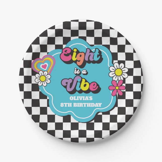 Neon 90s Retro Eight is a Vibe 8th Birthday Paper Plate (Front)
