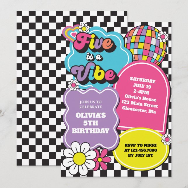 Neon 90s Retro Five is a Vibe 5th Birthday Invitation (Front/Back)