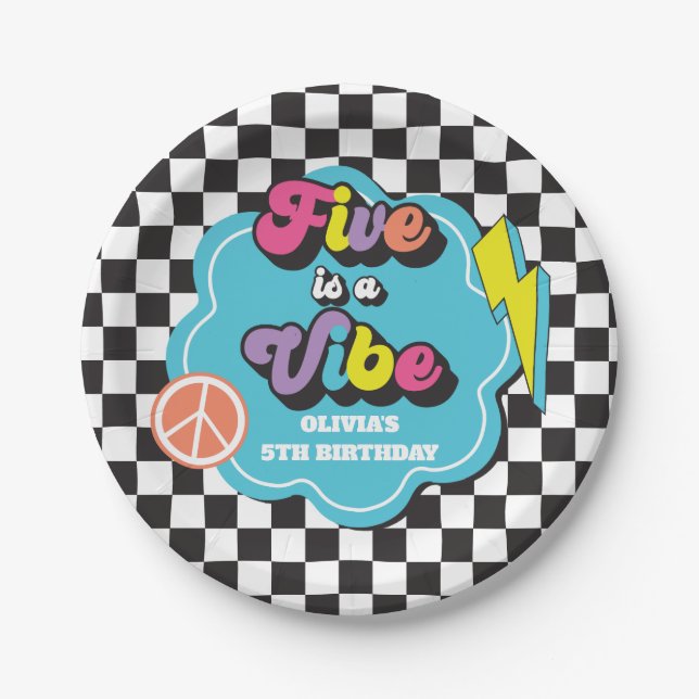 Neon 90s Retro Five is a Vibe 5th Birthday Paper Plate (Front)