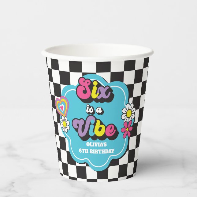 Neon 90s Retro Six is a Vibe 6th Birthday Paper Cups (Front)