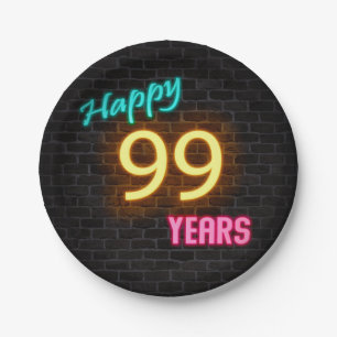 Neon 99 sign on brick wall paper plate
