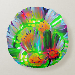 Neon Abstract Daisies with Vivid Colours Round Pillow