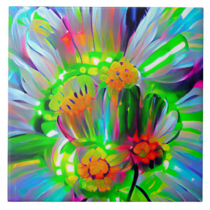 Neon Abstract Daisies with Vivid Colours Tile