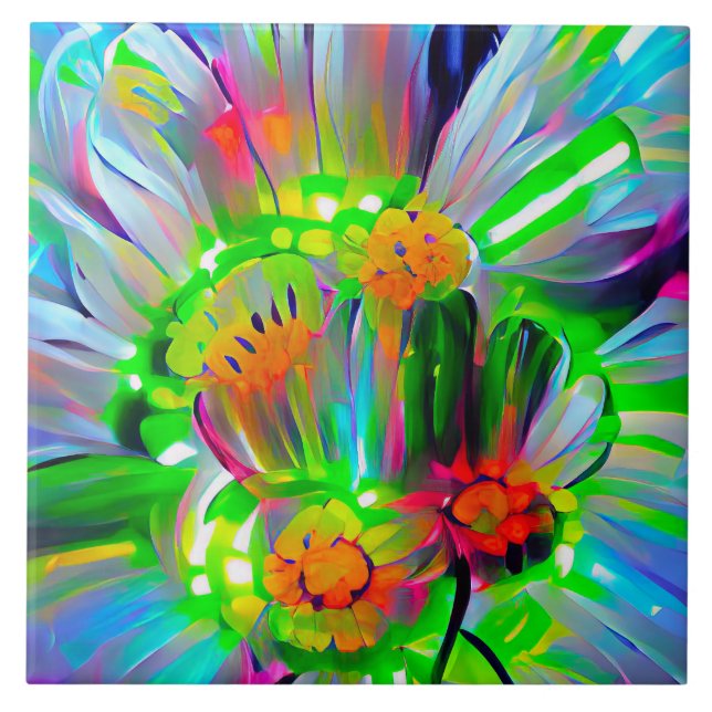 Neon Abstract Daisies with Vivid Colours Tile (Front)