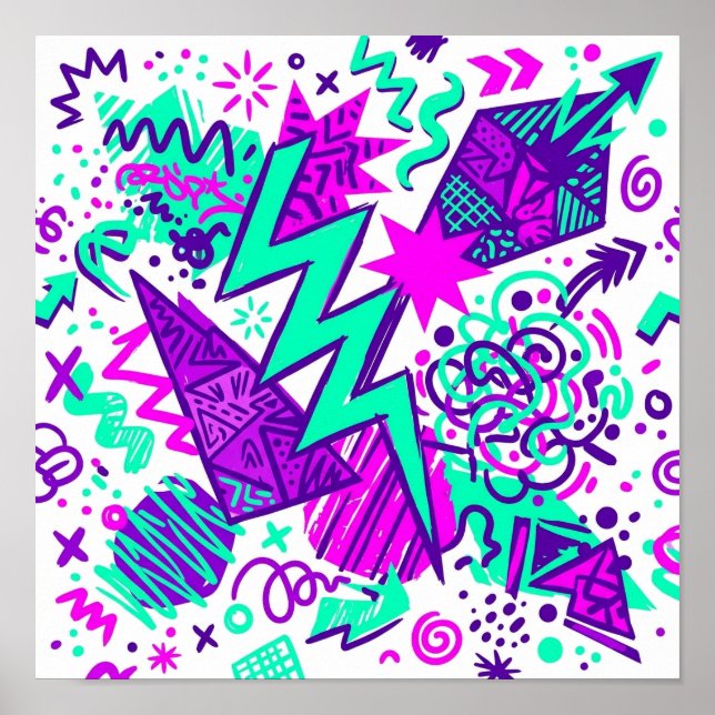 Neon Abstract Shapes and Patterns Square Poster (Front)
