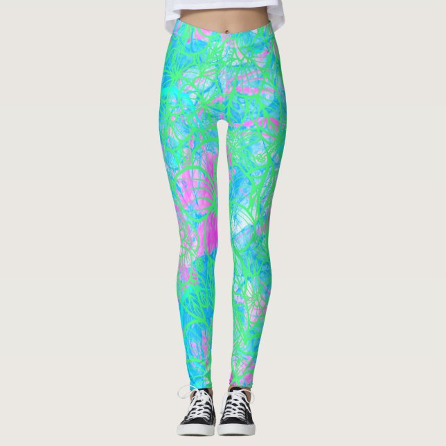 Neon Acid Exotic Tropical Fest Pattern Leggings (Front)