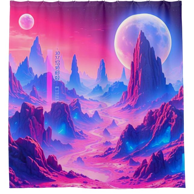 Neon Alien Planet Shower Curtain | Sci-Fi Cosmic B (Front)