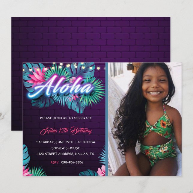 Neon Aloha Tropical Birthday with photo Invitation (Front/Back)