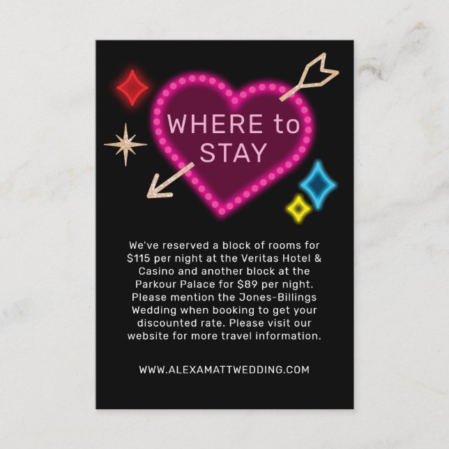 Neon Arrow Sign Las Vegas Wedding Accommodations Enclosure Card (Front)