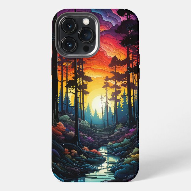 Neon Art, Psychedelic Pine Tree Forest iPhone Case (Back)