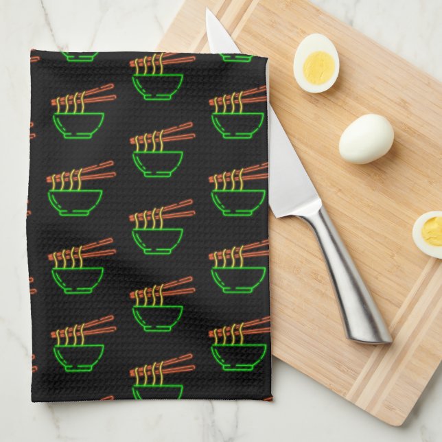 Neon Asian Noodle Bowl Pattern Kitchen Towel (Quarter Fold)