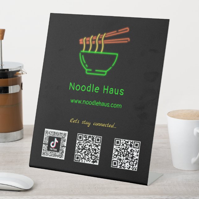 Neon Asian Noodle Bowl Social Media Scan Codes  Pedestal Sign (In SItu)
