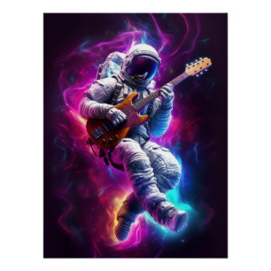 Neon Astronaut Playing Guitar in Galaxy Poster