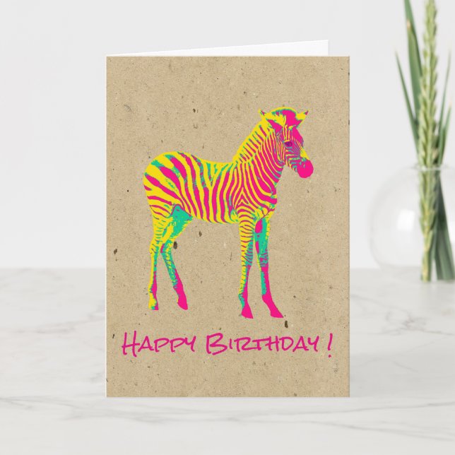 Neon Baby Zebra Psychedelic Funky Retro Birthday Card (Front)