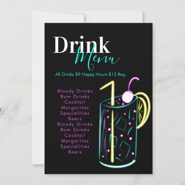Neon Bar Club Restaurant Abstract Drink Menu (Front)