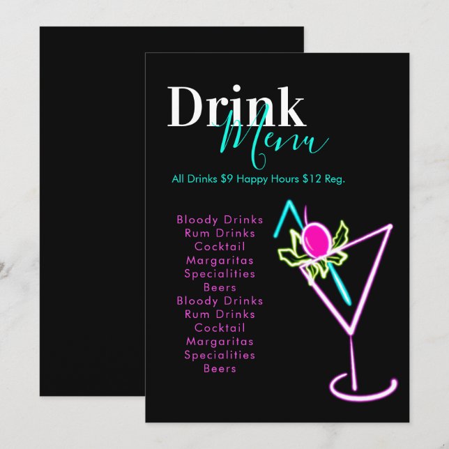 Neon Bar Club Restaurant Menu Boissons (Devant / Derrière)