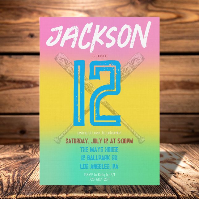 Neon Baseball Colorful Sport Birthday Party Custom Invitation (Creator Uploaded)