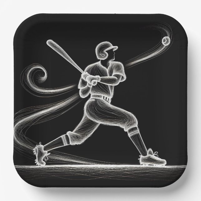 Neon Baseball Player Swinging A Bat Paper Plate (Front)