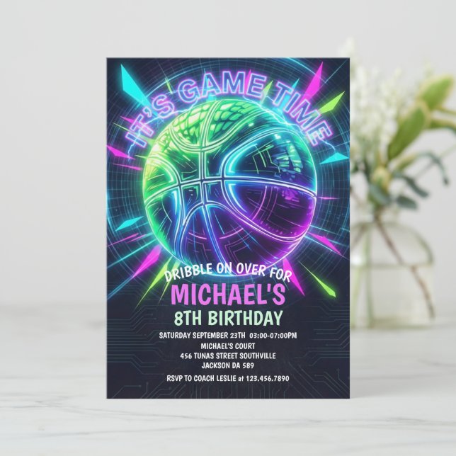 Neon Basketball Birthday Invitation (Standing Front)