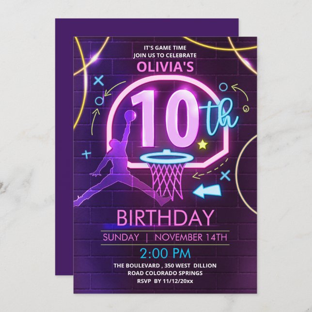 Neon Basketball Birthday Invitation (Front/Back)