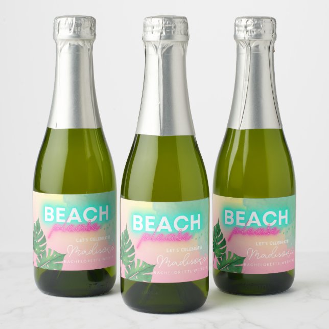 Neon Beach Please Bachelorette Tropical Gradient Sparkling Wine Label (Bottles)