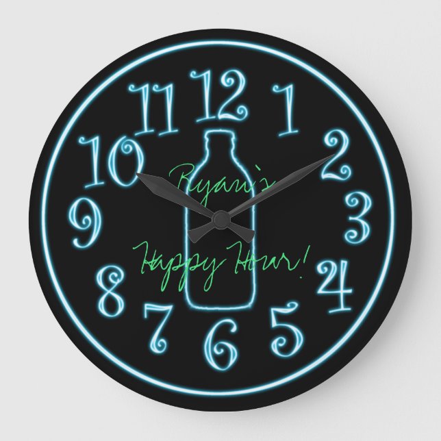 Neon Beer Bottle Ajouter un nom Happy Hour Horloge (Recto)