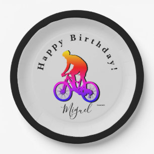 Neon Bicycle Rider Happy Birthday Paper Plate