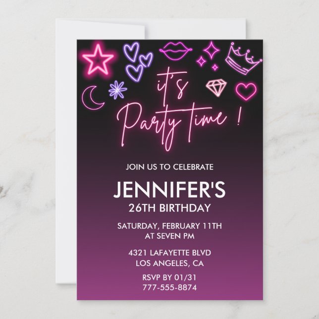 Neon birthday 26th birthday Black Pink  Invitation (Front)