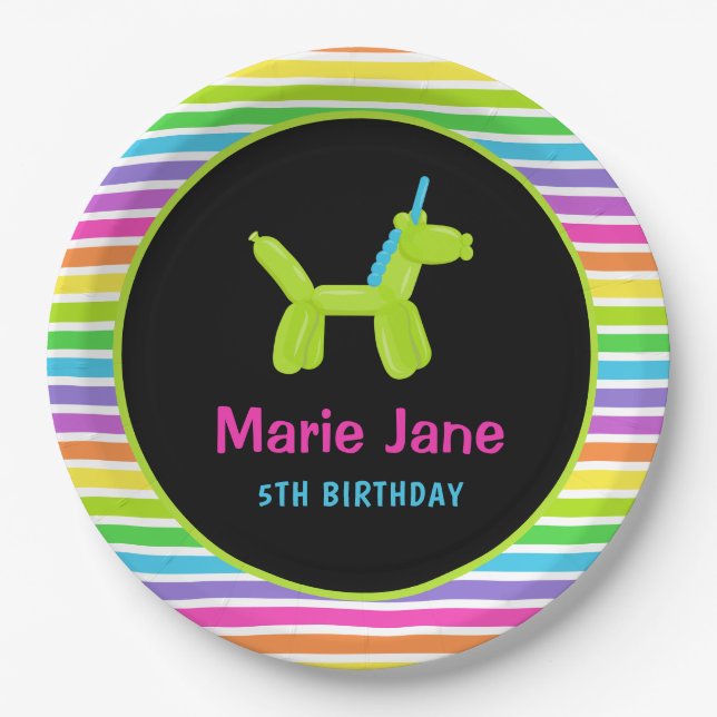 NEON BIRTHDAY ANIMALS BALLOONS PAPER PLATE (Front)