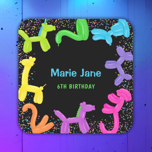 NEON BIRTHDAY ANIMALS BALLOONS PAPER PLATES SQUARE STICKER