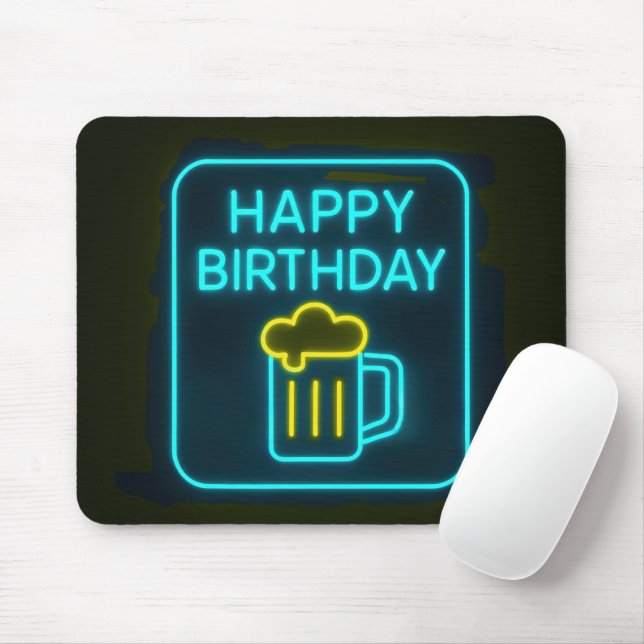 Neon Birthday Beer Mug On Black Mouse Pad (With Mouse)