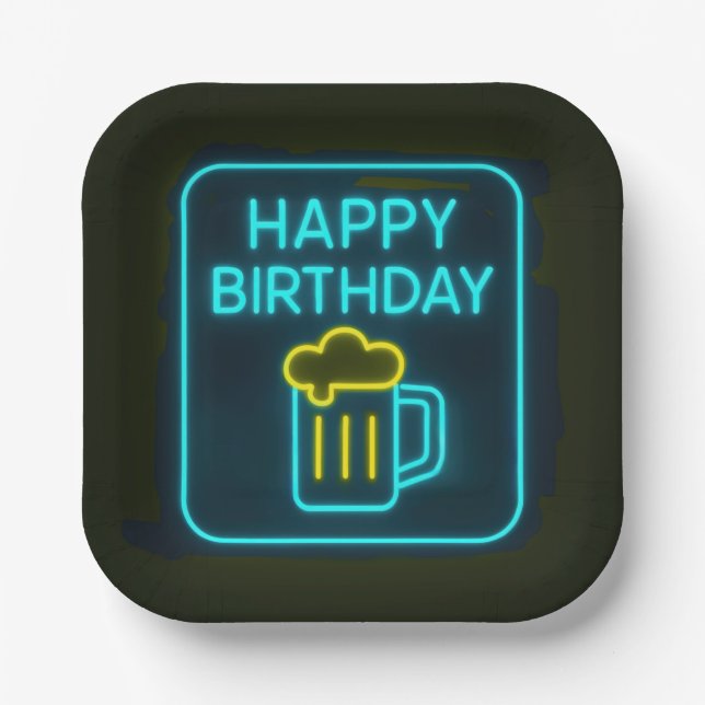 Neon Birthday Beer Mug On Black Paper Plate (Front)