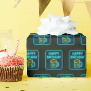 Neon Birthday Beer Mug On Black Wrapping Paper