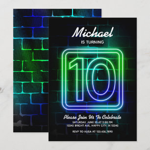Neon Birthday invitation for Boy 10th Birthday