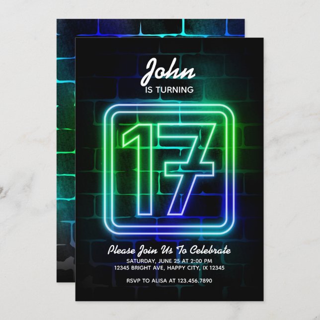Neon Birthday invitation for Boy 17th Birthday (Front/Back)