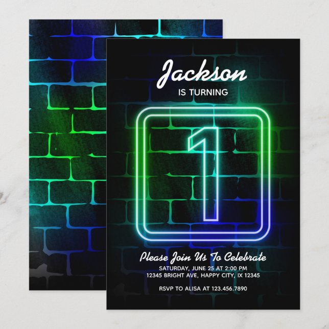 Neon Birthday invitation for Boy 1st Birthday (Front/Back)