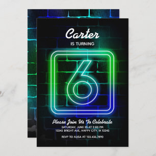 Neon Birthday invitation for Boy 6th Birthday
